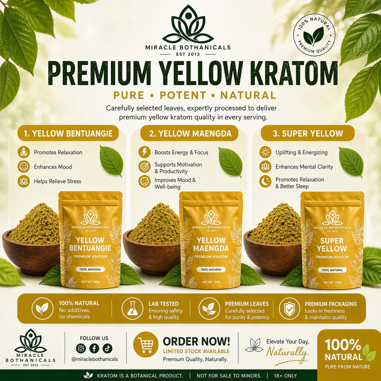 Miracle Botanicals Yellow Strain kratom powder — balanced effects